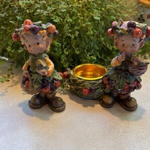 Vintage Autumn Harvest Figurine Set with Candle Holder